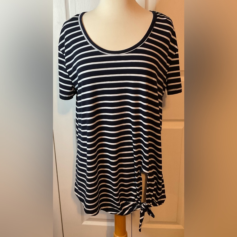 Umgee Navy Blue White Striped Scoop Neck Short Sleeve Top Shirt Small Tie Waist - Picture 1 of 4